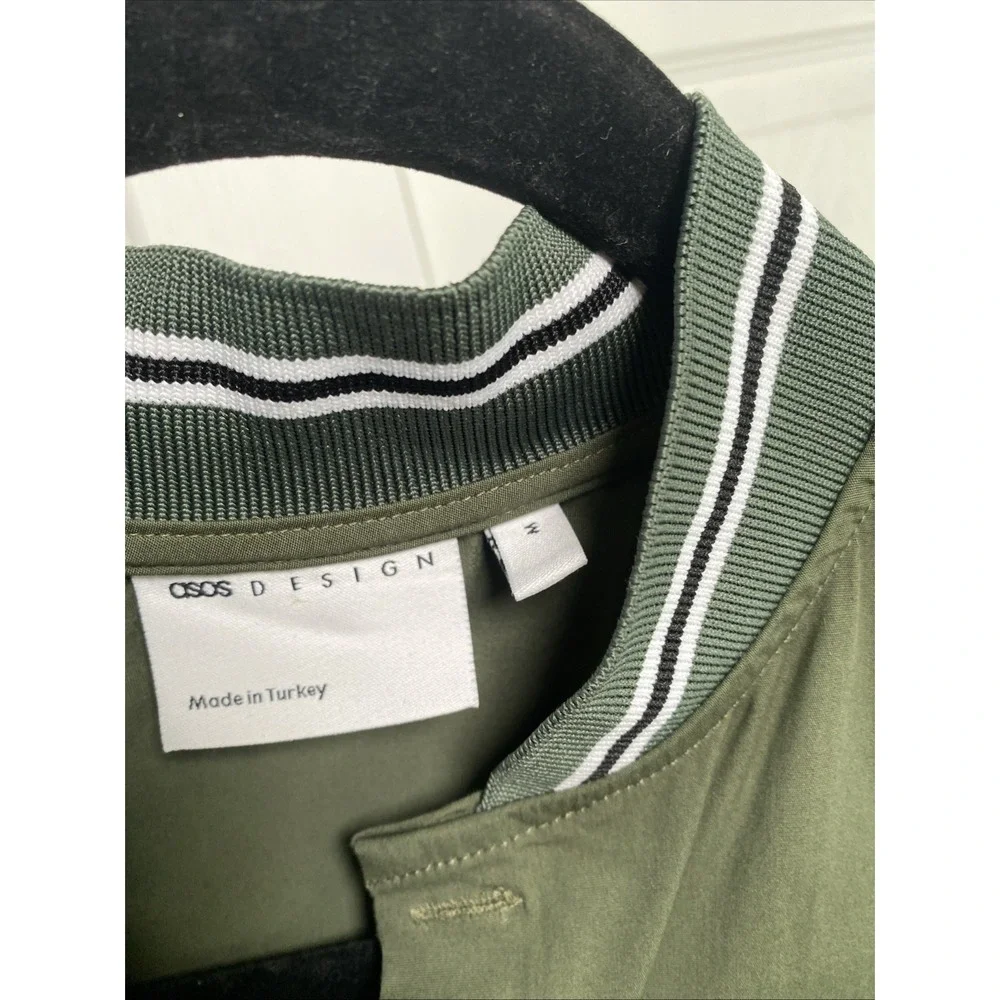 ASOS Design Bomber Collar Shirt Mens Size M Green Short Sleeve Button Up Cotton
